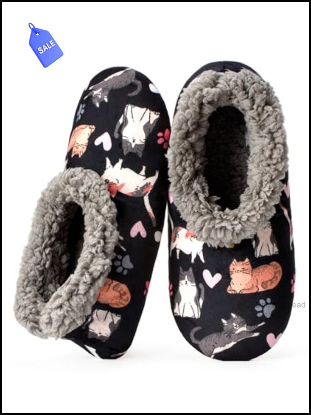 Fuzzy Sherpa Lined Slipper Socks Non Slip Grips Cat Print Women's